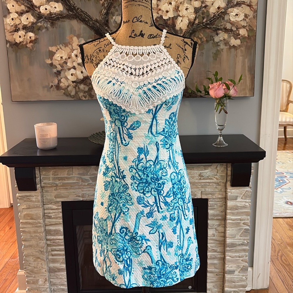 LILLY PULITZER BLUE WHITE Crochet Embroidered sexy summer halter dress XS 0 $268